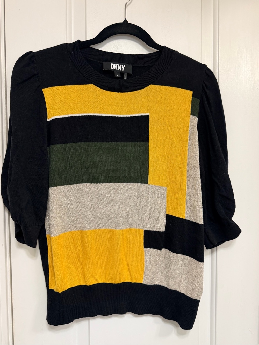 DKNY Black, Mustard & Olive Colorblock Puff-Sleeve Sweater